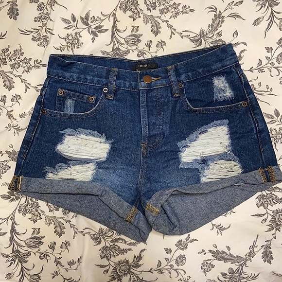 Blue high-rise ripped denim shorts - Picture 1 of 2